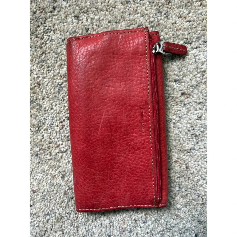 Fossil Womens Trifold Wallet Red Pebbled Genuine Leather Vintage Boho Classic